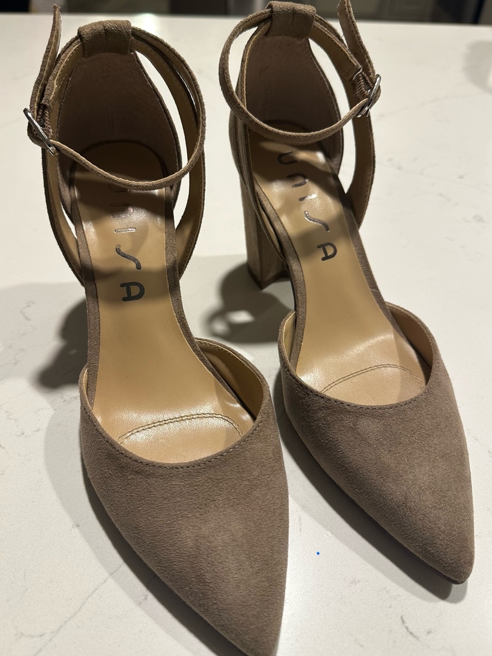 Unisa Taupe Suede Pointed-Toe Ankle-Strap Block Heels